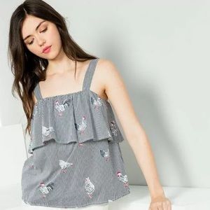 THML Chicken Print Ruffle Sleeveless Striped Top